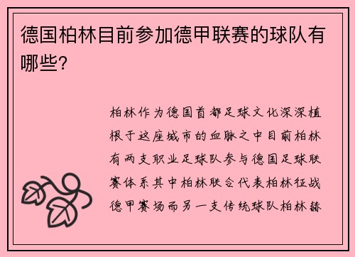 德国柏林目前参加德甲联赛的球队有哪些？