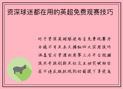 资深球迷都在用的英超免费观赛技巧