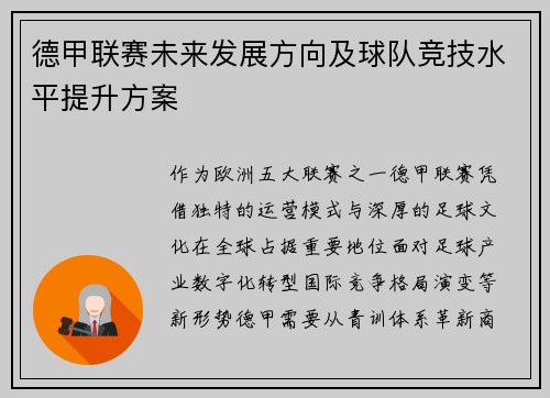 德甲联赛未来发展方向及球队竞技水平提升方案