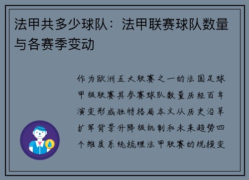 法甲共多少球队：法甲联赛球队数量与各赛季变动